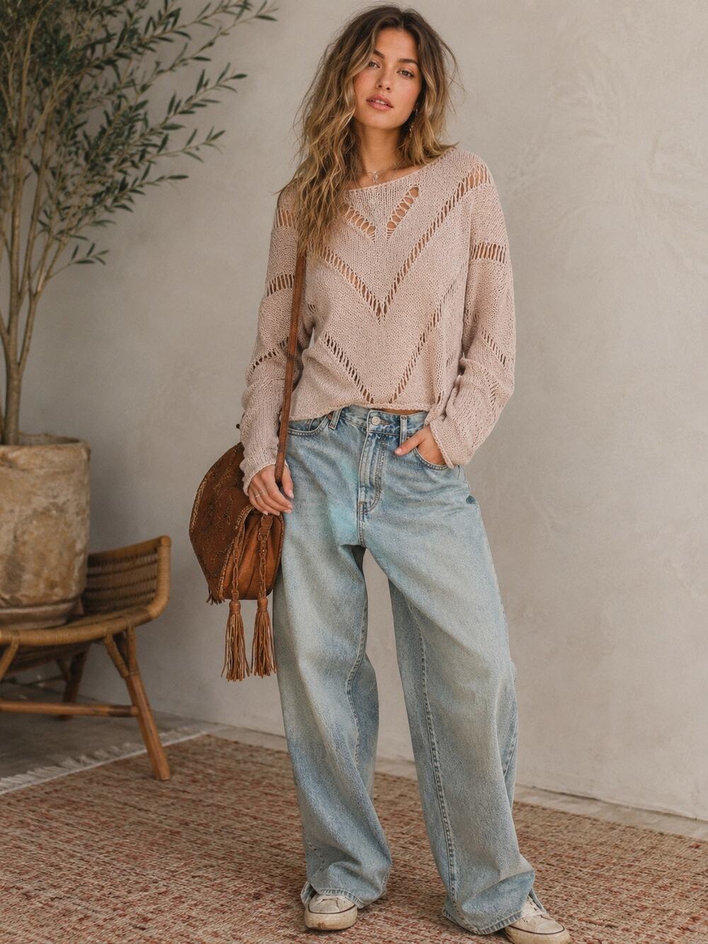 Fate Tape Knit Grunge Boho Slouchy Oversized Sweater Women’s Small NEW Fall